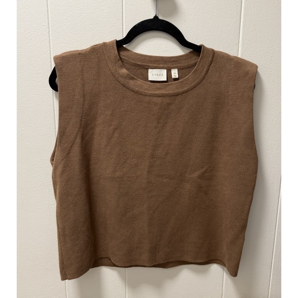 CYRUS Top Womens Sz M Camel Brown Soft Sleeveless Crewneck Sweater Minimalist